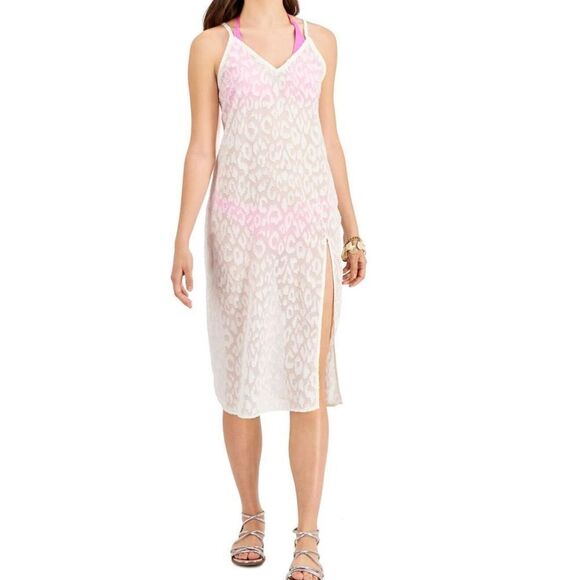 708 Miken glitter animal print Cover-Up midi Dress WHITE sz L new - Picture 1 of 1